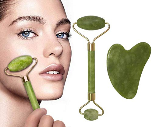 GHzzY Jade Roller - Gesichtswalzenmassagegerät & GUA SHA-Schaber-Werkzeugset - Anti-Aging-Jade-Walze für Nackenhaut, schlankere Wangen, straffende Haut, Gesichts- und Augenbehandlungen