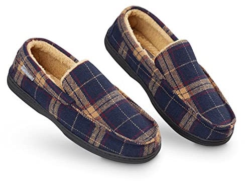DUNLOP Moccasin Slippers Men with Memory Foam & Faux Sheepskin Lining - Comfortable Indoor Outdoor Loafers with Non-Slip Rubber Sole for House Wear - Navy Mustard, 10 Uk