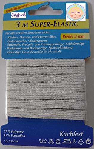 Babyfrücht 10x Gummilitze Gummiband auf Karte | 8mm breit | 3 mtr (Meter) lang | weiß | Kochfest - waschbar bis 95°C | 1,17 € / mtr | Lagerware