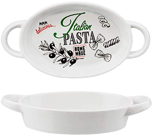 alles-meine.de GmbH 2 TLG. Set kleine Auflaufformen/Ofenformen - Italian Pasta - Porzellan/Keramik - oval/rund - weiß - 15 cm - Gratinformen - Lasagneformen/Nudelgratin..