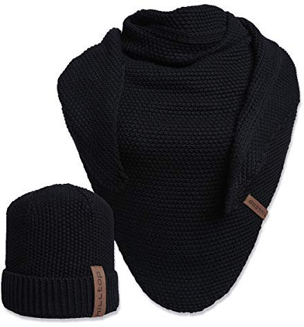 Hilltop 2-teiliges Unisex Winterset, Damen Mütze und Schal, Herren Mütze mit Strickschal, XXL Dreiecksschal mit Strickmütze, Geschenk für Frauen und Männer, Farbe:Black