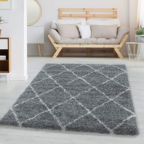 Carpettex Hochflor Teppich Wohnzimmer Skandinavische Rauten Design Flur Teppich Grau 80 x 250 cm - Shaggy Teppich Schlafzimmer Läufer Flauschiger Teppich Weich Langflor Teppich Esszimmer Küchenläufer