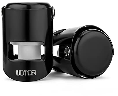 WOTOR Champagne Bottle Stoppers Stainless Steel, Prosecco Stopper with Food Grade Silicone, Reusable Champagne Cork & Saver, Leak Proof Keep Fresh (Black, 2 Pack)