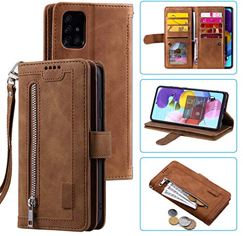 EYZUTAK Handyhülle für Samsung Galaxy A51 Hülle,Flip Case Lederhülle Reißverschluss Magnetverschluss Brieftasche mit 9 Kartenfächern Standfuntion Retro Matt Ledertasche-Braun