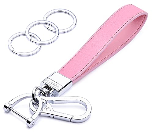 Wisdompro Portachiavi per auto in vera pelle, universale, resistente, portachiavi da donna per chiavi dell'auto, rotazione a 360 gradi, con anello a D anti-smarrimento e 3 portachiavi, rosa