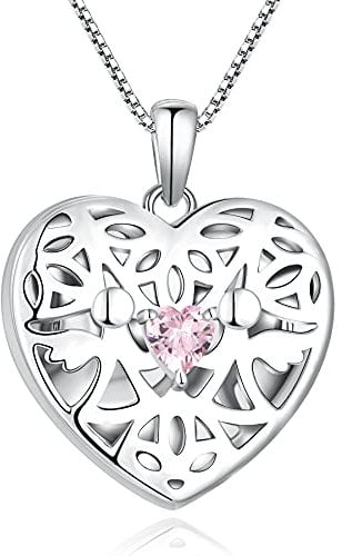 FJ Collier Ange Gardien Argent Sterling 925 Collier Médaillon Photo Personnalisé Contient Images Pendentif Pierre de Naissance Octobre Collier Tourmaline Rose Cadeaux de Bijoux pour Femme Fille