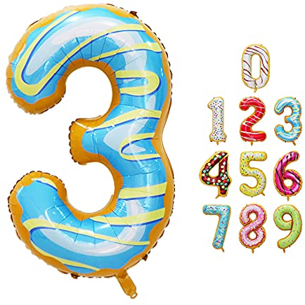 Luftballon Zahlen 3 Happy Birthday Party Deko, mit Donut Eis Motiv, Schweben mit Helium für Geburstagdeko Jubiläum, 40 Zoll 100cm aus Folie, Vivi Idee