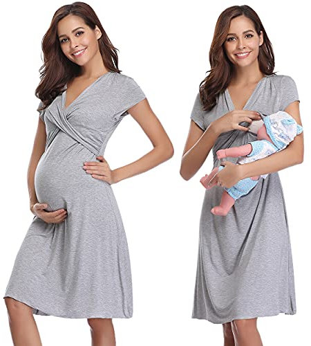 Irdcomps Chemise de Nuit Maternité Femme Coton Robe Patineuse Maternité d'allaitement Robes Vêtements Grossesse Allaitement Pyjama à Manches Courtes Gris L