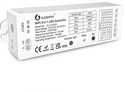 GLEDOPTO 5 in 1 WiFi +2.4GRF LED Strip Controller DC12-24V-54V DIMMER WW/CW RGB RGBW RGBCCT Controller Tuya Smart Life App Steuerung Amazon Alexa Google Home Sprachsteuerung