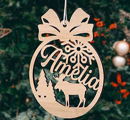 Bolas de Navidad de Madera Personalizada con Nombrel - Bola con Nombre para arbol - Esfera de Navidad - Adornos navideños Ornamento Decoraciones (Modelo 6)
