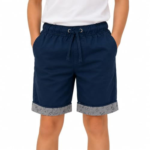 Bienzoe Boys Elastic Waist Shorts: Cotton Twill Drawstring Bermuda Navy 16