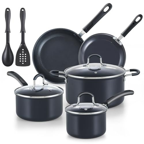 Cook N Home Professional Hard Anodized Nonstick Pots and Pans 10-Piece Cookware Set, with Stay-Cool Handles Black