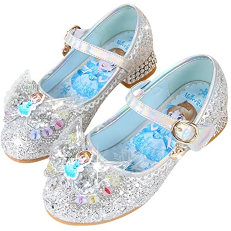 New front Scarpe Bambina Scarpe da Principessa con Paillettes Scarpe Bambina Eleganti con Tacco Ballerine da Bambine e Ragazze per Partito e Carnevale Argento 26
