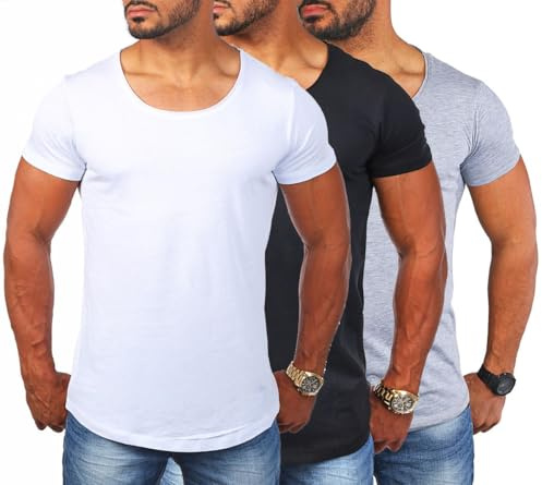 Young & Rich Herren Uni T-Shirt mit tiefem Rundhals Ausschnitt einfarbig körperbetontes Basic Tee Vintage Look 1702