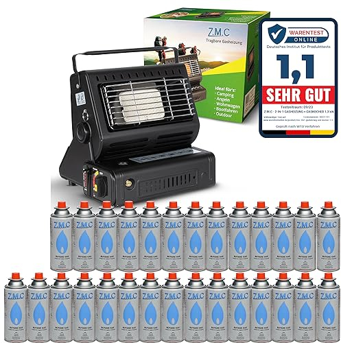Z.M.C 2-in-1 Tragbare Keramik Gasheizung und Gaskocher 1,3 kW, mit LPG Anschluss + 28 Gaskartuschen, Campingkocher mit Piezozündung, Camping Heizung, Gasheizer für Terrasse, Outdoor, Zelten Wohnwagen