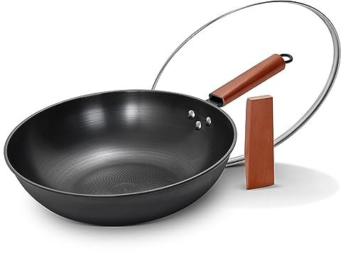 HMWOKPOT 13'' Woks & Stir-Fry Pans Set with Lid & Wooden Handle, No Chemical Flat Bottom Chinese Woks Pan for Induction, Gas, Halogen All Stoves