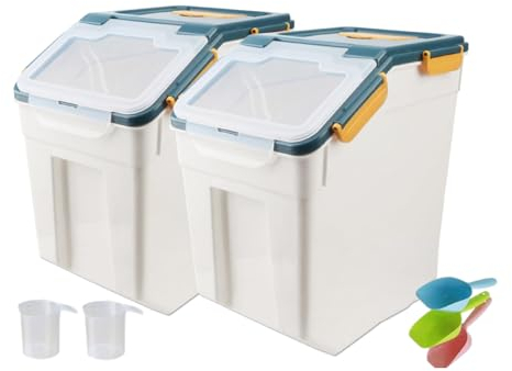 Qiveno 2 Pack Dog Food Storage Container 40 lb, Large Airtight Pet Food Containers Set, Dog Food Bin with Locking Lid, Measuring Cup, Scoop & Wheels(Blue)