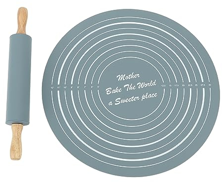 Tissting Rolling Pin with Silicone Pastry Baking Mat, 11.8in Grey Dough Roller with Wooden Handle, Kitchen Baking Essential Roller Tool for Pizza Pie Pastries Pasta