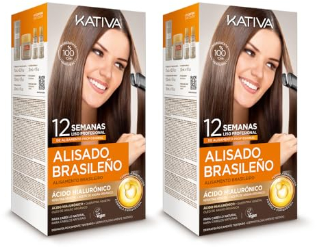 Kativa Pack 2 Alisado Brasileño - Nueva fórmula con ácido hialurónico - Tratamiento Alisado Profesional en casa - Hasta 12 Semanas de duración - Alisado Keratina - Fórmula vegana - Fácil de aplicar