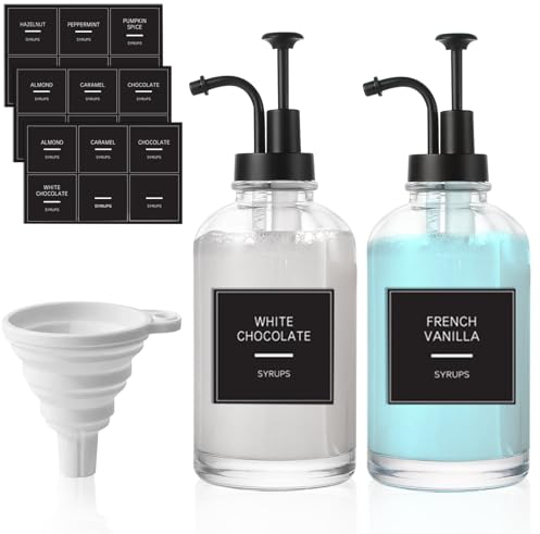 YIDM Kaffee Sirup Spender Glas Set 2er-Pack Kaffeesirup Pumpspender für Kaffee Bar Zubehör, 16.9oz 500ml Kaffee Pumpen Spender mit 18 Aufkleber, ffee Sirup Spender Glas Set für Diner Café Bar,Schwarz