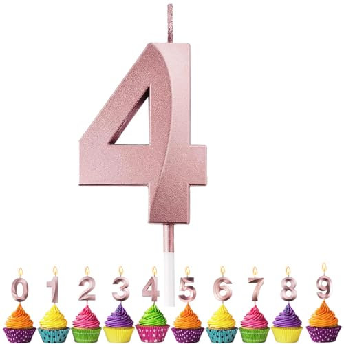 Candele di Compleanno Numero 4, VUCDXOP 3D a Oro rosa Candele, Candele Compleanno 4 Anno, Candela Numero 4, Candele di Compleanno per torta, Candele per Torte Topper per Feste Anniversario