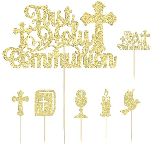 CKCSHI 13Pcs Gold Glitter First Communion Cupcake Toppers - God Bless Dove Cross Cupcake Picks for Christian First Communion Baptism Party Cake Decorations