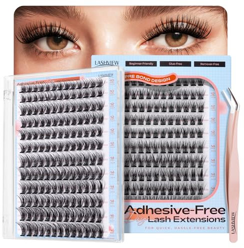 LASHVIEW Selbstklebende Wimpern, Press On 156Pcs Kein Kleber benötigt Wimpernbüschel Beinhaltet Büschel 1 Applikator Einfach aufzutragen Selbstanwendung zu Hause DIY Wimpernverlängerung Kit 10-16mm