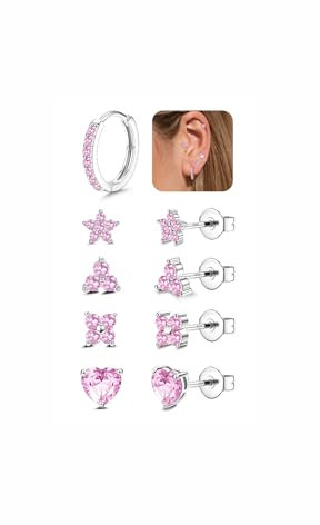 JeweBella 5 Paar Ohrringe Silber für Damen Mädchen Ohrringe Set Ohrstecker Creolen Silber 925 Pfosten Rosa/Grün/Blau/Lila Earrings Stapelbar Ohrringe Gold Silber Creolen Ohrringe Set für Kinder Frauen