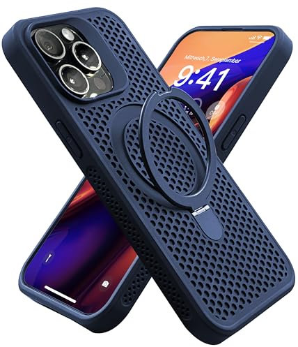 Mephoro Heat Dissipation for iPhone 13 Pro Max Case with Magnetic Stand[Compatible with MagSafe][Built-in Kickstand&Ring Holder] Breathable Cooling Hollow Cellular Hole Protection, Blue