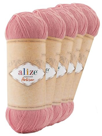 5 x 100g Sockenwolle Alize Superwash Artisan 75% Wolle Strickwolle Häkelgarn Farbwahl, Farbe:161 puderrosa
