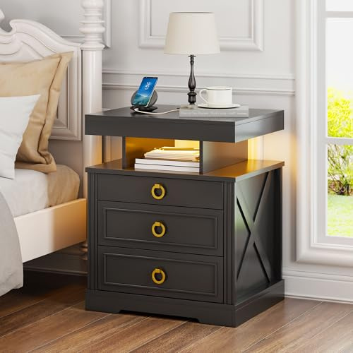 Gurexl LED Bedside Table with Gun Drawer and Charging Station,Black | Nightstand with Human Sensor and Open Compartment for Bedroom,Sofa End table with 3 Color Light for Living Room