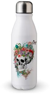 MAXIKIWI - Bouteille d'eau à paroi unique avec bouchon à vis, aluminium léger non isolé, sans BPA, anti-fuite - Tête de mort reine avec fleurs - 500 ml