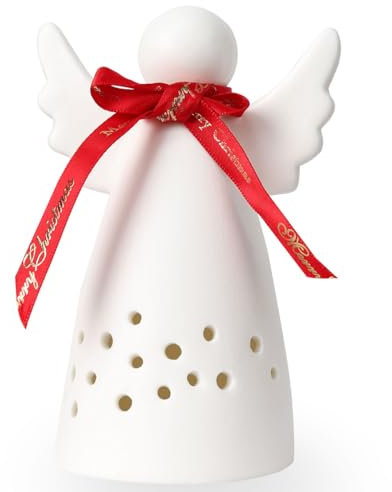Yeerockal Teelichthalter Engel aus Keramik matt Weiß Statue mit LED Weihnachtsengel Windlicht Belechtung Deko Design LR44 batterien Inklusive