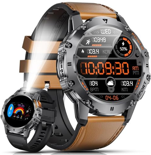 ESFOE Montre Connectée Homme Militaire,1.43 AMOLED Smartwatch Homme avec Appel Bluetooth,500mAh 5ATM Étanche Smartwatch avec 110+ Sportifs Fréquence Cardiaque/Sommeil Moniteur Android iOS Cuir Marron