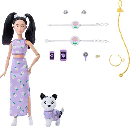 Barbie Twinning Looks Bambola con Cane Animale Domestico con Vestiti Viola di Margherite e Accessori come Fiori e Marsupio, Capelli Nero, JFP39