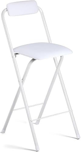 Faltbarer Hocker, Klapphocker mit Leder-gepolsterter Rückenlehne für Thekenhöhe, tragbare, hohe Barhocker mit rutschfesten Fußpolstern, Weiß, 75 cm