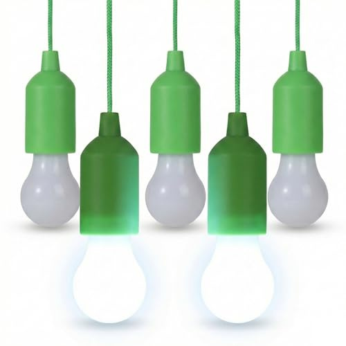 HYVCZP 5er Set LED Zuglampe Grün (Batteriebetrieben), Tragbare Glühbirne mit Zugschnur & Weißes Licht - Hängelampe für Garten, Camping, Angeln & Party (Inkl. Seil)