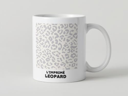 Ceramic Mug with Grey Leopard Pattern, Leopard Print, White Mug