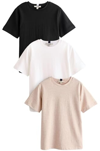 NEXT Damen Schweres Basic-T-Shirt 100% Baumwolle, 3er-Pack Black/White/Beige 42