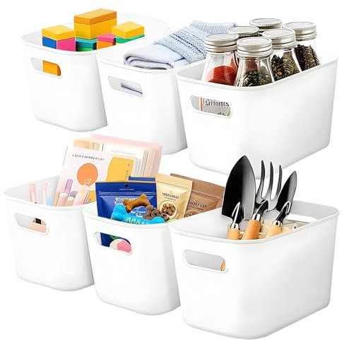 Mofeisor 6-Pack White Plastic Storage Boxes, Well-Made and Sturdy Small Cupboard Organiser for Kitchen, Bathroom, Office, and Home Organisation, 26.5x16.5x15.5 cm( 6L), White