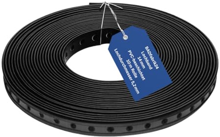 BADfabrik24 Lochband PVC-beschichtet – 10 m Rolle, 14 mm breit, Loch-Ø 5,2 mm, schwarz kunststoffummantelt – flexibles Befestigungsband für Sanitär/Heizung/Elektro, kanten-schonend & korrosionsarm