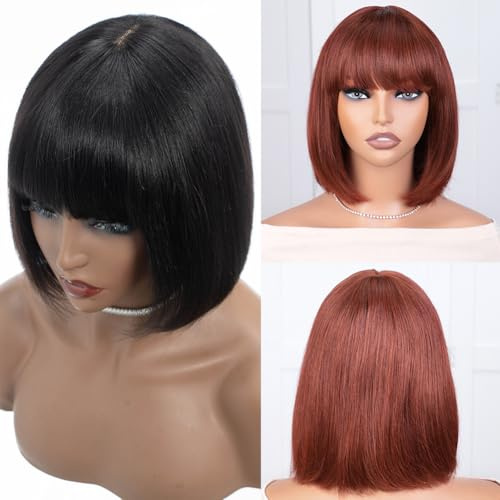 Bob Echthaar Perücke Damen mit Bangs Hd Top Lace Glueless Short Straight Bob Wigs 2x1 Lace Scalp Machine Made Wig (33A, 10 inches)