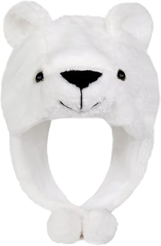 DIELIANHUA Tiermütze mit Ohren Lustiger Eisbär Hut Plüsch Cosplay Mütze Cartoon Warm Weiße Kuschelige Wintermütze für Erwachsene Kinder Dress Up Festival Halloween Weihnachtsfeier Fasching