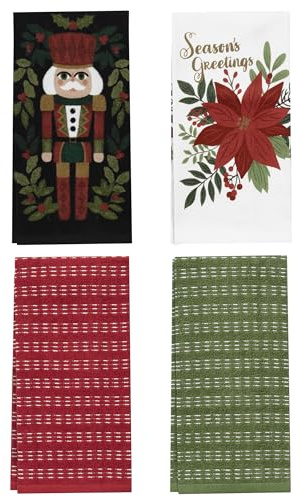 Ritz Holiday Kitchen Towels 4 Pack - Nutcracker Poinsettia Dish Towels Set, 100% Cotton, Festive Red Green Holiday Tea Towels, Absorbent & Machine Washable