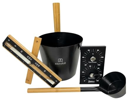 Saunaloft Premium Sauna Zubehörset, Alu und Bambus in schwarz, mit Thermometer und Hygrometer, Eimer, Kelle und Sanduhr