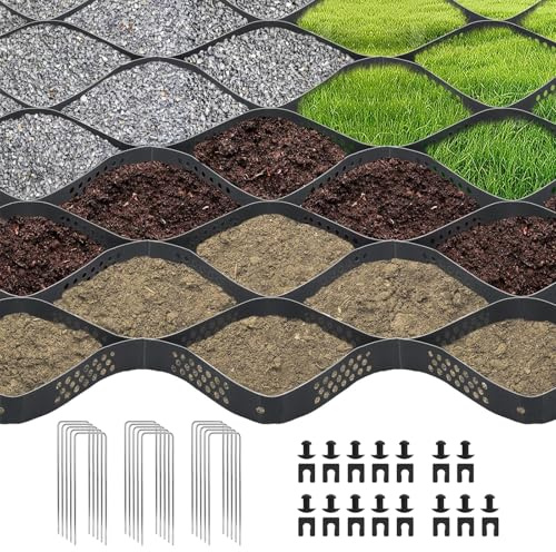 10 x 3 m Geogitter, 5 cm Höhe Rasengitter zur Bodenstabilisierung, Kiesgitter aus HDPE, Rasenwaben, Kies-Bodengitter, Kiesgitter für stabilen Boden im Garten, Kies-Haltegitter (Schwarz, 10x3m)