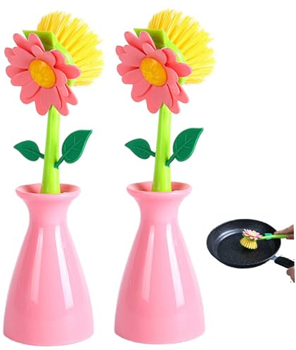 2-Pack Dish Brush with Holder, Flower Shaped Kitchen Sink Brush with Long Handle, Non-Scratch Pot Scrubber for Dishes & Pans