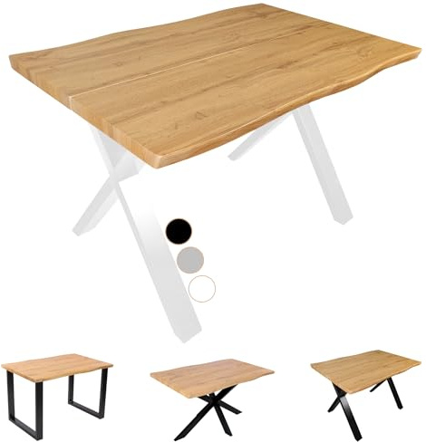 SAM Esstisch Dua 120x80 cm Holz-Optik Wildeiche X-Gestell weiß | 40 mm Tischplatte geteilt mit Baumkante, Metallgestell, Tisch für Esszimmer & Küche