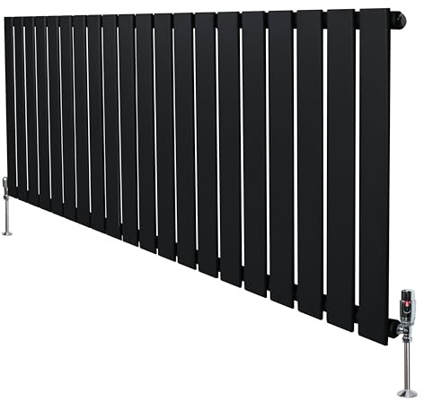 Flachheizkörper Designer mit TRV Chromventile Einzelheizkörper Zentralheizung | Schwarz 600mm x 1400mm | Horizontal | Küche Wohnzimmer | Reinigungsbürste, Befestigungsset & Halterungen