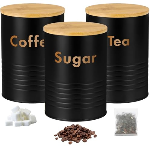 Yuecda 3 Piece Tea Coffee Sugar Canister Set Elegant Metal Storage Canister Airtight Containers Kitchen Essentials Cafe Accessories（Black and Rose Gold Bamboo lid）